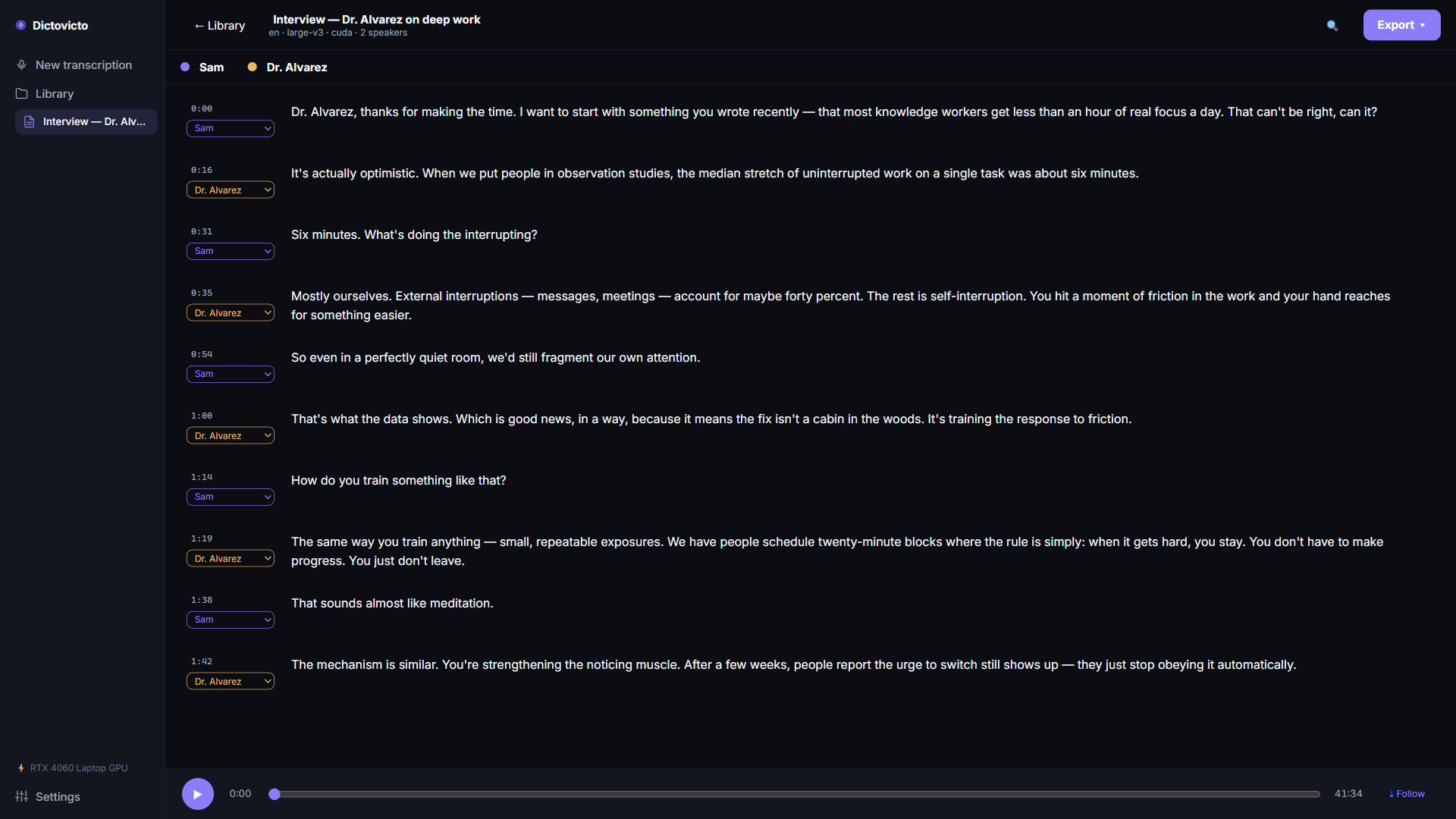 DictoVicto editor with speaker-labeled interview segments and audio player