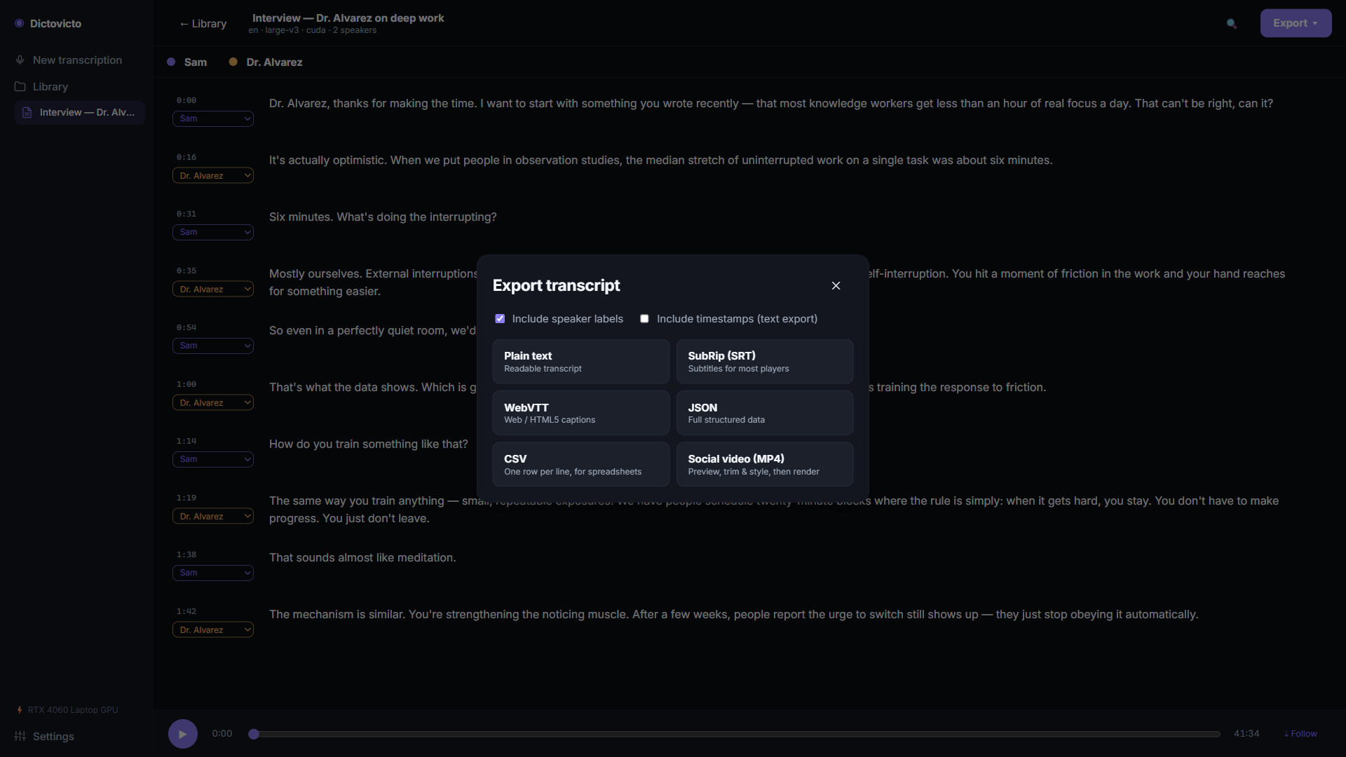 Export dialog showing plain text, SRT, WebVTT, JSON, CSV, and social video formats